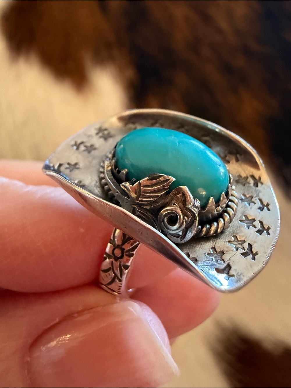 ❤️ Kingman Turquoise Cowgirl Cowboy Hat Hand Stamped Sterling 925 Ring Sz 6.25